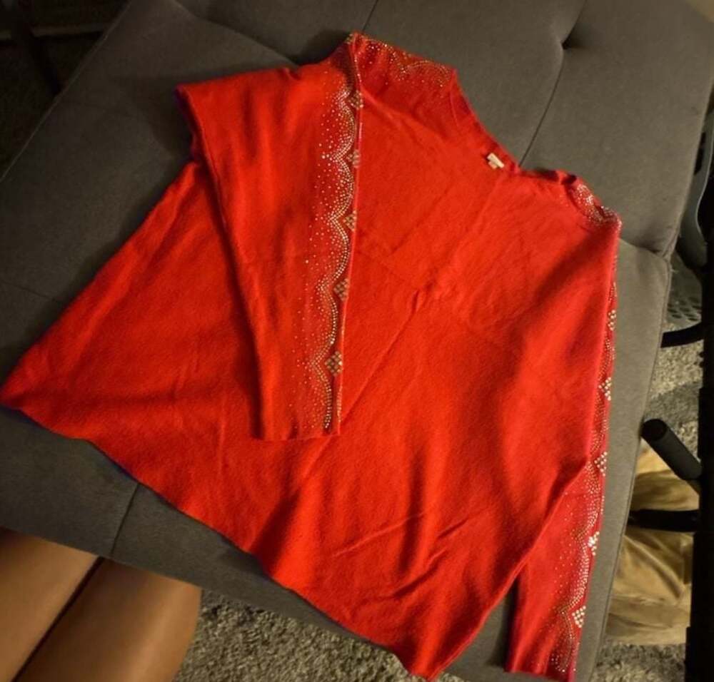 VILA Women's Red Crewneck Sweater with Rhinestone and Stud Embellished Sleeves